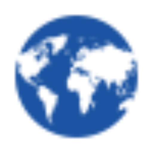 A blue circle with black pixelated shapes on it, resembling a simplified, pixel art representation of a world map.