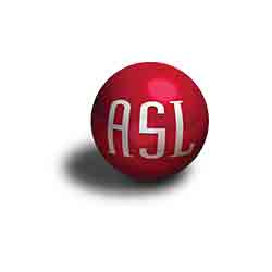 A 3D red sphere with the letters "ASL" in silver is centered against a white background. The sphere casts a shadow to its left, giving it a realistic appearance.