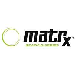 The image displays the logo of Matrx Seating Series, featuring the word "matrx" in bold, black lettering. The "a" is styled uniquely with a missing bar, and there is a green ring encircling the 'a' along with the green text "SEATING SERIES" underneath.