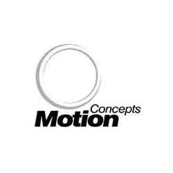 A black and white logo of the words "Motion Concepts" with a stylized, incomplete circle above. The word "Motion" is in bold, larger font, while "Concepts" is smaller and placed to the upper right of "Motion".