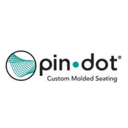 The image shows the logo for Pindot Custom Molded Seating. The logo features the word "pin" in lowercase letters, followed by a blue dot, and the word "dot" in lowercase letters. Above the text is an icon of curved lines inside a circle.